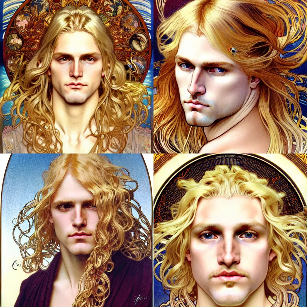 Prompt: realistic detailed face portrait of the sun god Apollo, long luxurious blond hair, very very very very silky light golden blond hair, extremely pale blond hair, by Alphonse Mucha, Ayami Kojima, Amano, Charlie Bowater, Karol Bak, Greg Hildebrandt, Jean Delville, and Mark Brooks, Art Nouveau, Neo-Gothic, gothic, rich scintillating bright white gold colors