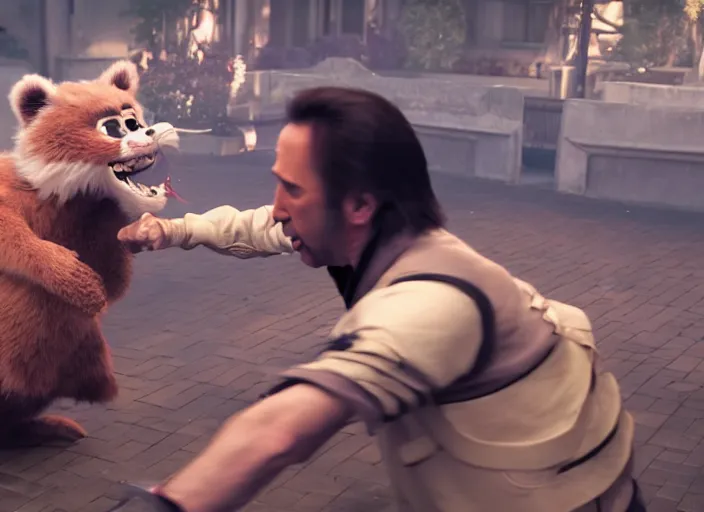 Prompt: nicolas cage beating up furry cosplayers, 8 k, octane render, choreographed fight scene, composition, shot by director park chan - wook