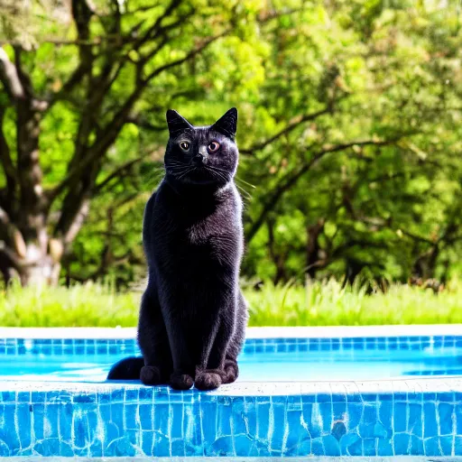 Prompt: a photograph of a black cat with big sharp teeth sitting by a pool on a sunny day