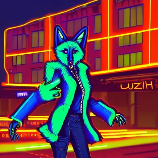 Prompt: beautiful furry digital art portrait commission of an androgynous furry anthro wolf fursona wearing punk clothes in the streets of a cyberpunk city. neon signs, detailed background, futuristic adverts, holographics. character design by zaush, rick griffin, tessgarman, angiewolf, rube, miles df, fa, furraffinity