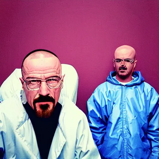 Image similar to “Walter White from breaking bad trying his legendary blue meth while Jessie Pinkman is laughing behind him with pink skin”