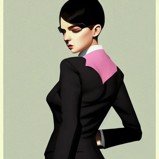 Image similar to young female in black tuxedo, corporate boss, luxury, muted colors, matte print, pastel colors, 2d, ultra highly detailed, smooth, sharp focus, digital art, digital painting, fan art, elegant, artstation, by Ilya Kuvshinov