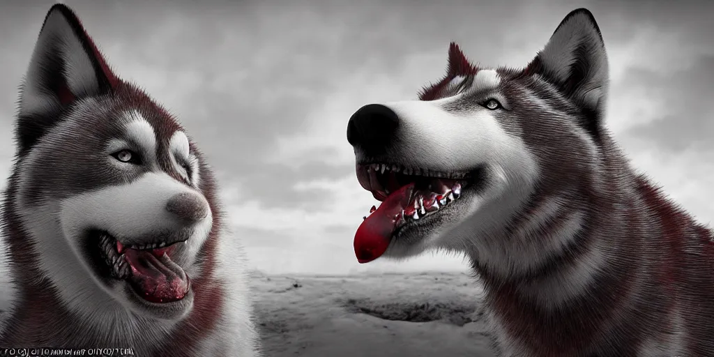 Prompt: a award winning photograph of a very scary! red husky, drooling, looking away from the camera. distinct red eyes clearly visible. the whole husky is visible in frame. anatomically correct husky. polar setting, red horror eyes, wasteland background, ominous sky. octane render, extreme detail, super symmetrical photograph, 8 k