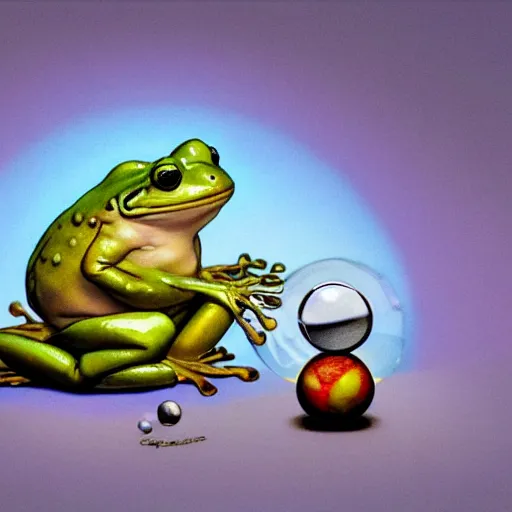 Prompt: ground level wide angle shot of a cute frog bowling with a golden metal ball on a reflecting glass surface, concept art, by esao andrews, by m. w. kaluta, by pixar, volumetric light, rich colors, very humorous!!!, realistic reflections, smooth, depth perception, shallow depth of field, 4 k, unreal engine 5, artstation