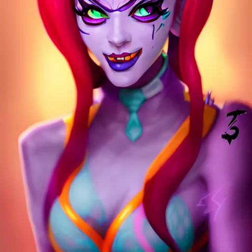 Image similar to Portrait of Jinx from Arcane, angry, Arcane, League of Legends, trending on ArtStation, by Alexandre Bourlet