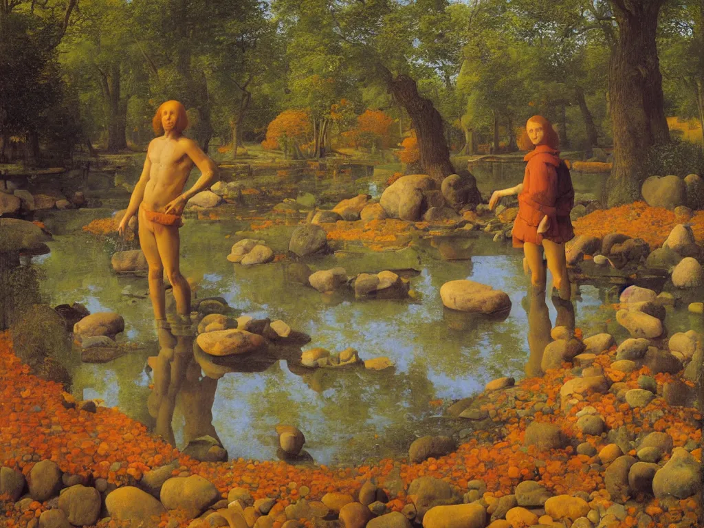 Prompt: Portrait of an artist in front of his canvas, knee deep in a river. Humanoid rocks, coral-like pebbles, autumn light. Painting by Jan van Eyck, Georges de la Tour, Rene Magritte, Jean Delville, Max Ernst, Walton Ford