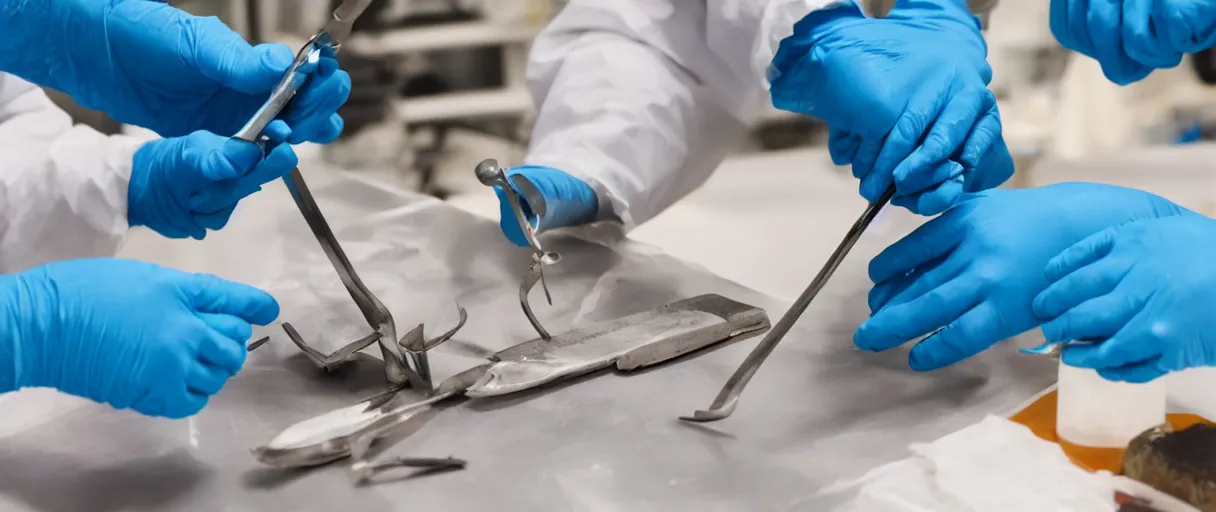 Image similar to filmic dutch angle extreme closeup movie still 4 k uhd 3 5 mm film color photograph of hands wearing surgical gloves holding dissection tools