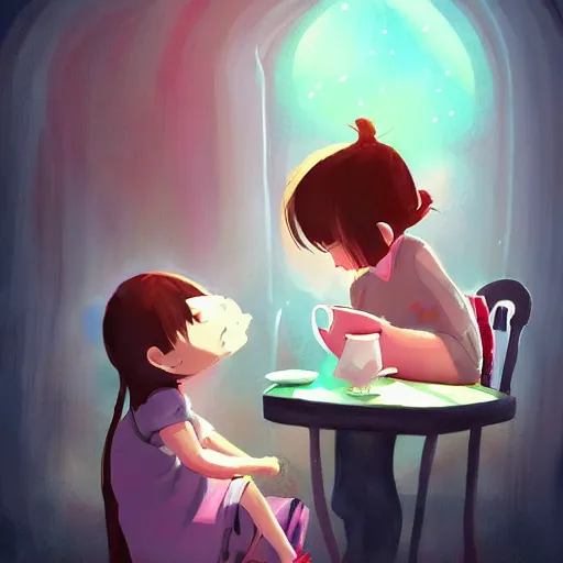 Prompt: little girl drinking tea with a friendly cryptid, digital art, colorful, artstation, studio ghibli