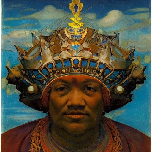 Image similar to the crown of mist and clouds, by Annie Swynnerton and Nicholas Roerich and Diego Rivera, bioluminescent skin, elaborate costume, geometric ornament, symbolist, cool colors, smooth, sharp focus, extremely detailed