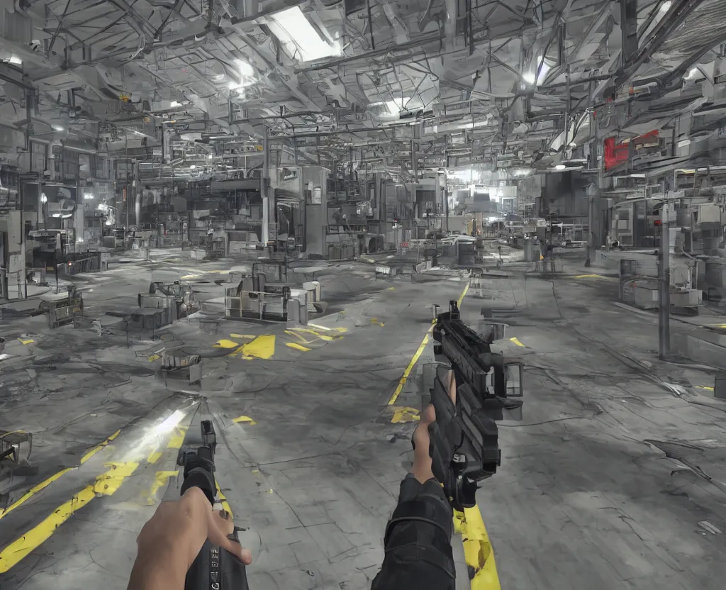 Image similar to first person shooter point of view of a factory