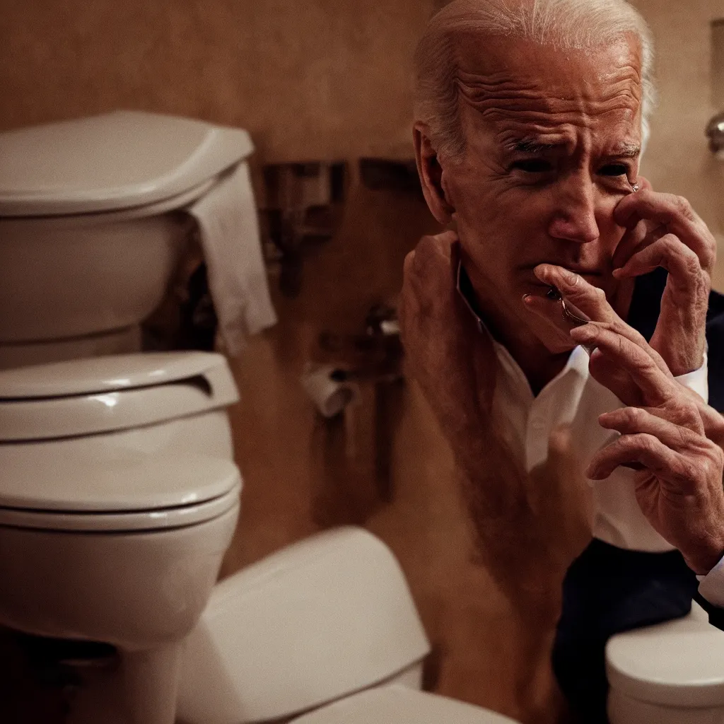 KREA - joe biden picking his nose while sitting on the toilet, cinematic  framing, cinematic lighting, hdr, gritty, movie still, 4k, 70s psychedelic  style