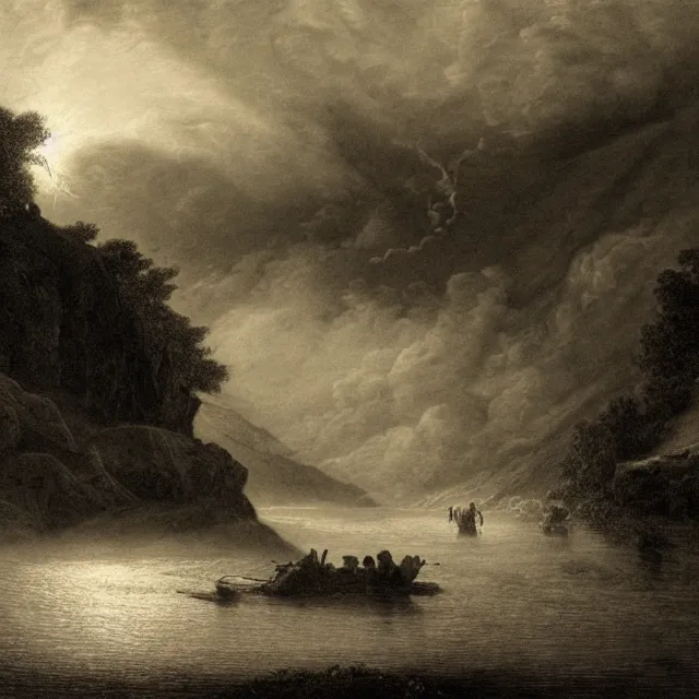 Image similar to an engraving of jesus in a river by gustave dore, caspar david friedrich, foggy, depth, strong shadows, stormclouds, illuminated focal point, highly detailed