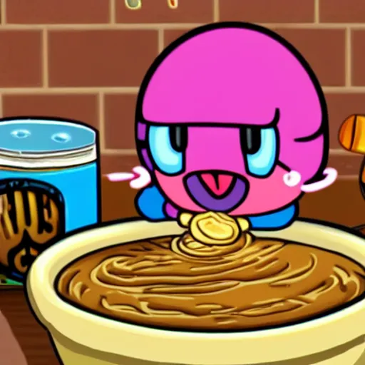 Prompt: photo of kirby nintendo character making peanut butter