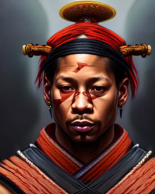 Image similar to face portrait of young allen iverson as a muscular ronin samurai, wearing a haori, by wlop and peter mohrbacher, dramatic action pose, extremely detailed shading, concept art, digital painting, trending on artstation, unreal engine 5, octane render, atmosphere, glow, cinematic lighting, full of color