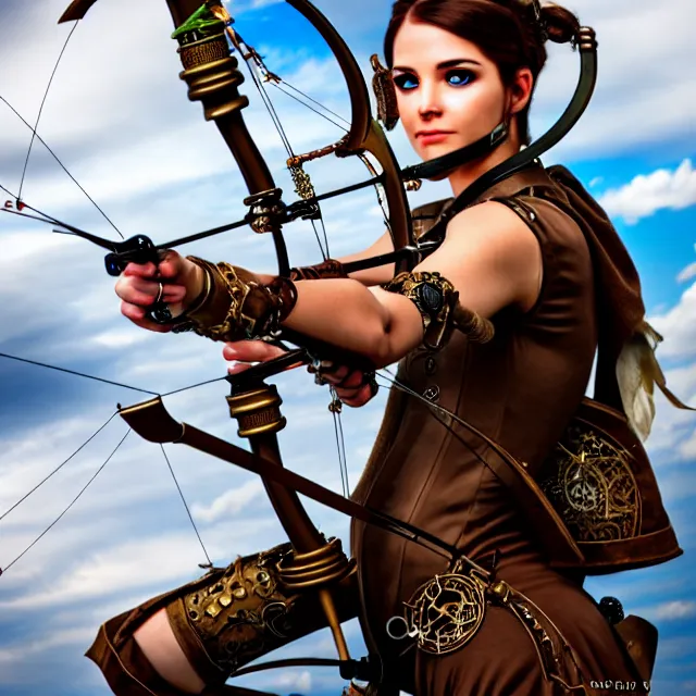 Image similar to steampunk archer, 4 k, hdr, smooth, sharp focus, high resolution, award - winning photo, anne stokes, photorealistic