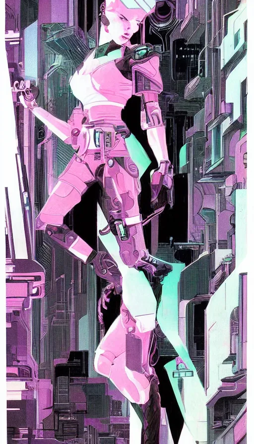 Prompt: concept art of a female cyberpunk character, film noir, art deco, pastel colors, detailed ink drawing, by Syd Mead, by Moebius