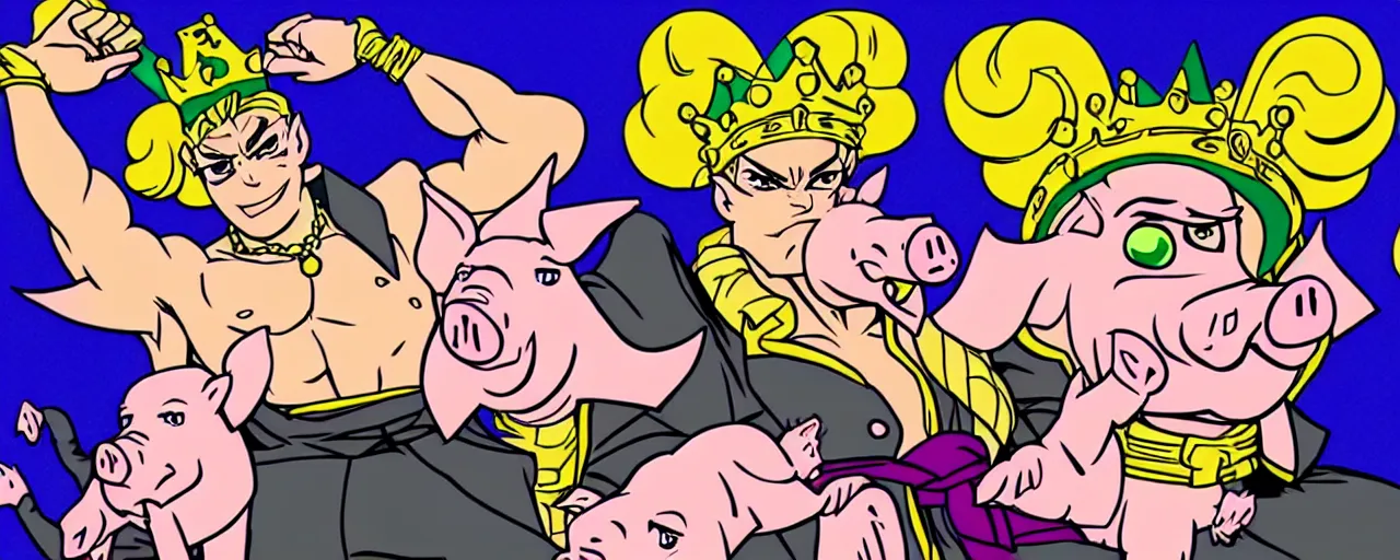 Image similar to king with pig head on a thrown style of JoJo’s bizarre adventure. Award winning. Cel animation