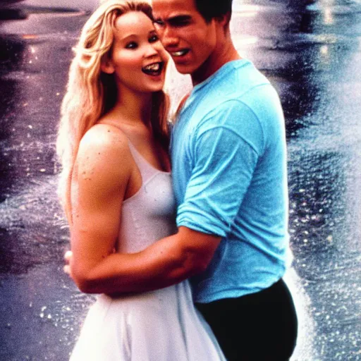 Image similar to portrait shot of young arnold schwarzenegger holding tight in love dancing in the rain with jennifer lawrence beautiful short dress, wet, 5 0 mm kodak, beautiful light, best lense 9 0 s romantic comedy, 4 k