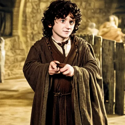 Prompt: frodo baggins in hogwarts