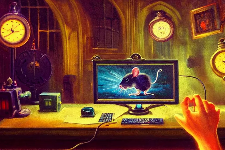 Prompt: A mouse is working on a computer in a Gothic atelier, oil painting, detailed, colorful, glowing lighting, 4k, dimly lit, in the style of vintage Disney 90s retro future,