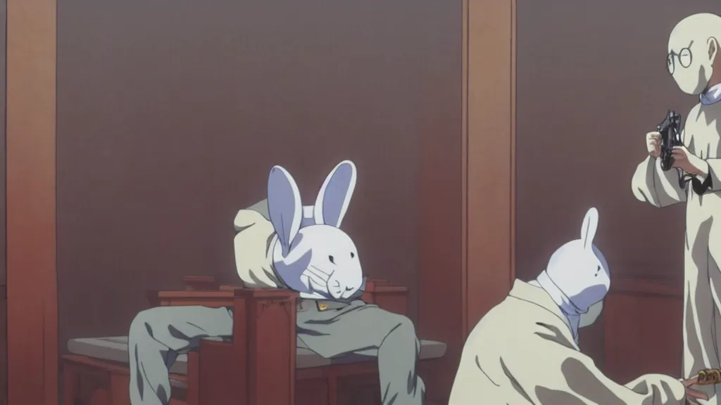 Prompt: a man wearing priest clothes and a white rabbit mask sitting in a confessional holding a pistol, anime film still from the an anime directed by Katsuhiro Otomo with art direction by Salvador Dalí, wide lens