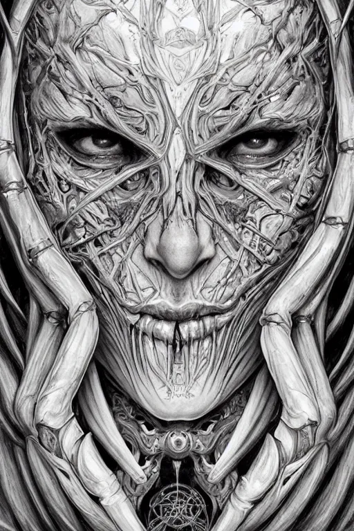 Image similar to Elden Ring and Doom themed painting of majestic chromatic biomechanical anatomical elven female hybrid beautiful ethereal angel symmetrical neutral mask closeup face tattoo pattern golden ratio concept, Neo-Gothic concept, infinity glyph waves, intricate artwork masterpiece, very coherent artwork, cinematic, full frontal facial features by Artgerm, art by H.R. Giger, Takato Yamamoto, Zdizslaw Beksinski, Johnatan Wayshak, Moebius, Ayami Kojima, very anatomically coherent artwork, trending on cgsociety, ultra high quality model, production quality cinema model, high detail chromatic ink outline, octane render, unreal engine 8k, hyper realism, high detail, octane render, unreal engine, 8k, High contrast