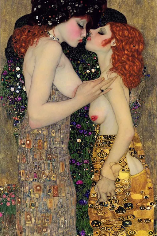 Prompt: two beautiful young gothic maidens, angel and demon, kiss, highly detailed, artstation, illustration, art by Gustav Klimt