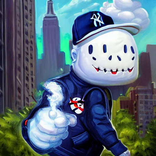 Image similar to a giant ghostbusters stay puff marshmallow man wearing timberland shoes and a yankee hat smoking a joint walking in new york city, highly detailed portrait, digital painting, artstation, concept art, smooth, sharp foccus ilustration, artstation hq