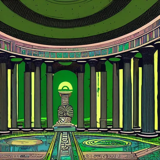 Image similar to Interior of Greek Temple covered in green lychen in the graphic style of Patrick Gleason and Marvel Comics, hyper detailed, trending on artstation, glow, volumetric, intricate, symmetric, Beautiful comic art