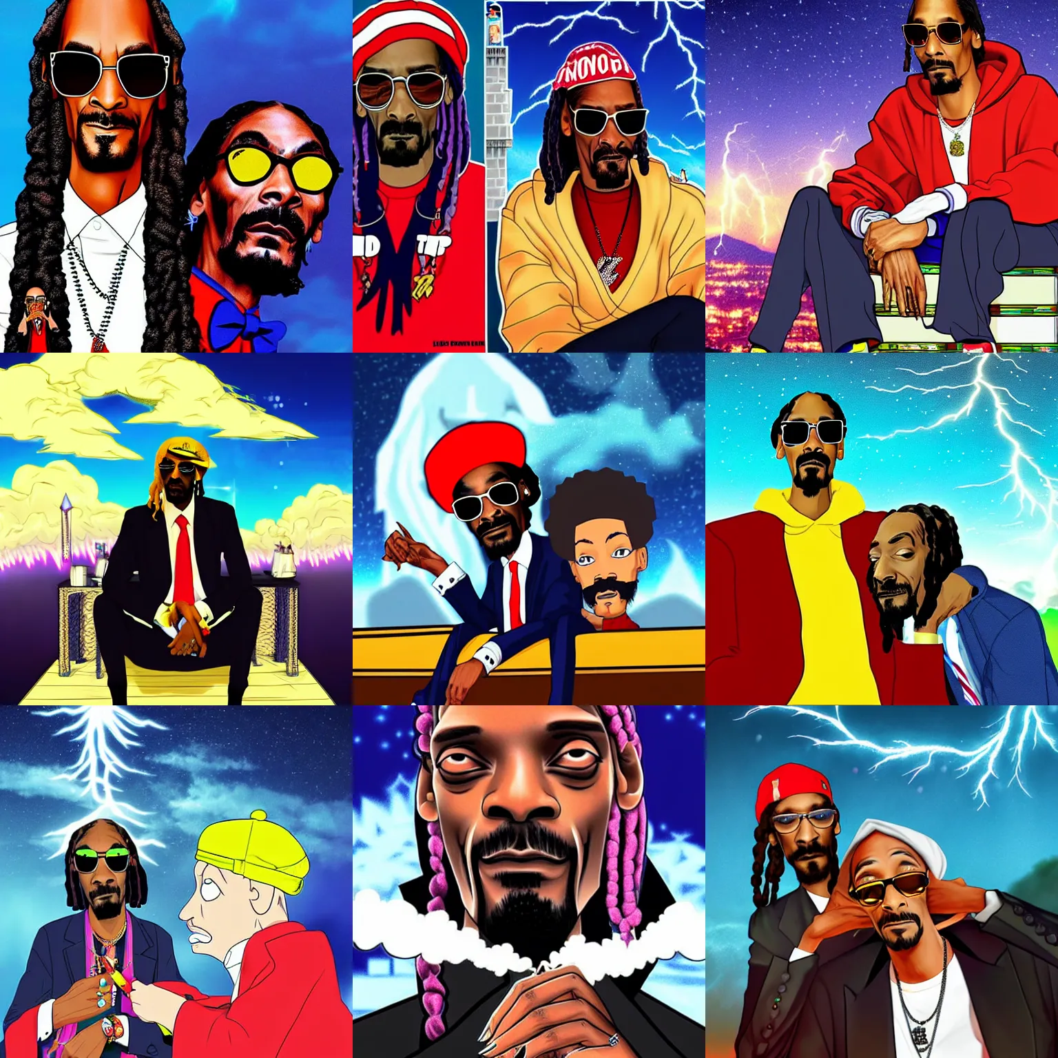 Prompt: snoop dogg getting high with donald trump, sitting on top of a large black tower during a cold winter night, lightning in the background, anime art style
