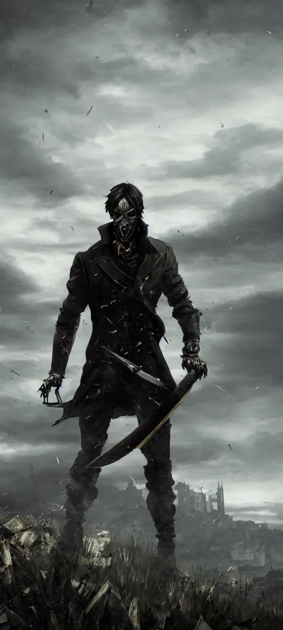 Prompt: a zoomed out portrait of corvo attano standing in a menacing fight stance on a metal scrap hill, holding a fold blade in his left hand, dunwall city behind him, grey color palette, cinematic lighting, depressive atmosphere, sharp focus, dishonored wallpaper 4 k, backlit, dishonored 1 wallpaper, hard focus, full body shot, cinematic