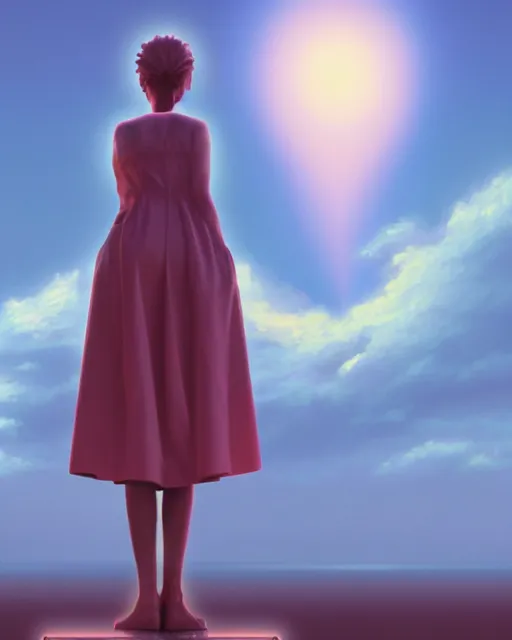 Image similar to a painting of a woman standing in front of a statue, a screenshot by stanley twardowicz, cgsociety, aestheticism, aesthetic, vaporwave, anime aesthetic