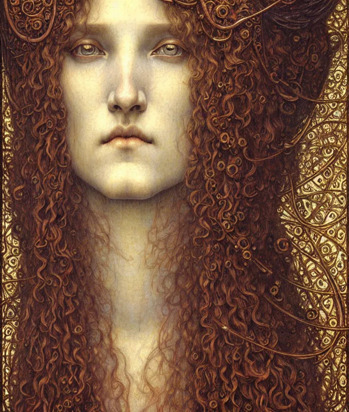 Image similar to detailed realistic beautiful young medieval queen face portrait by jean delville, gustave dore and marco mazzoni, art nouveau, symbolist, visionary, gothic, pre - raphaelite. horizontal symmetry