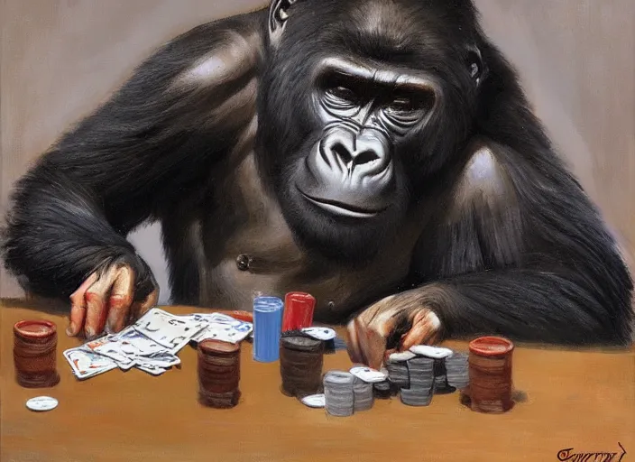 Image similar to a highly detailed beautiful portrait of a gorilla playing poker with a bear, by gregory manchess, james gurney, james jean