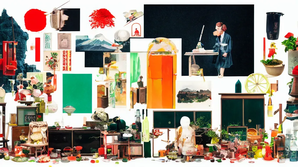 Image similar to an arrangement of gourmet traveller props, japan, a collage painting, in the style of wes anderson, lola dupre, david hockney, isolated on negative white space background dark monochrome neon spraypaint accents volumetric octane render