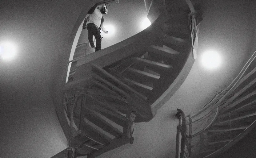 Image similar to zoomed out photo of frank ocean walking up a spiral staircase in the centre of the room, greyscale,