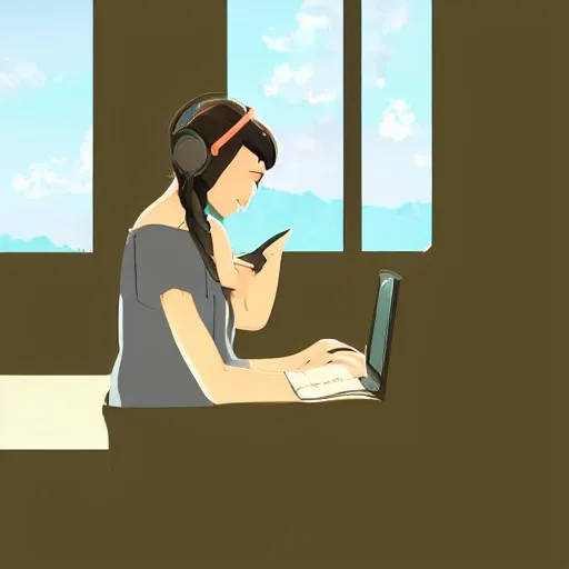 Image similar to a side view of a beautiful girl sitting on her desktop writing something, headphones on, hand on her chin, nightlamp, digital art, anime, studio ghibli style, window and city background, portrait