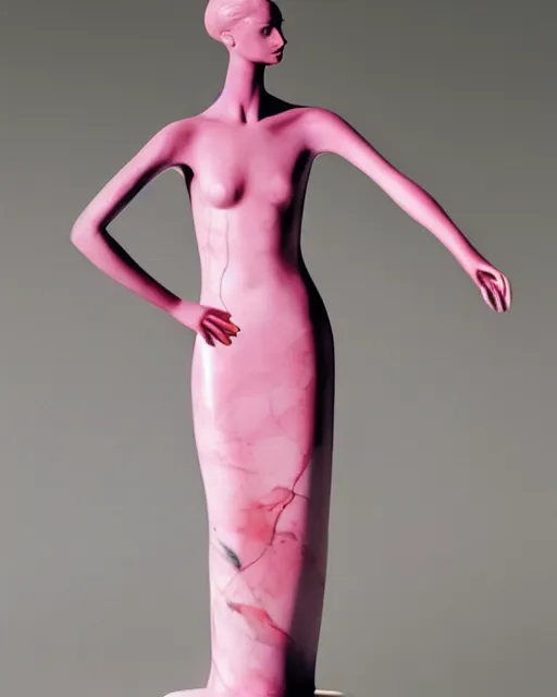 Image similar to a woman in a pink dress is posing for a photo, a marble sculpture by alexander mcqueen, featured on cg society, vorticism, genderless, androgynous, feminine