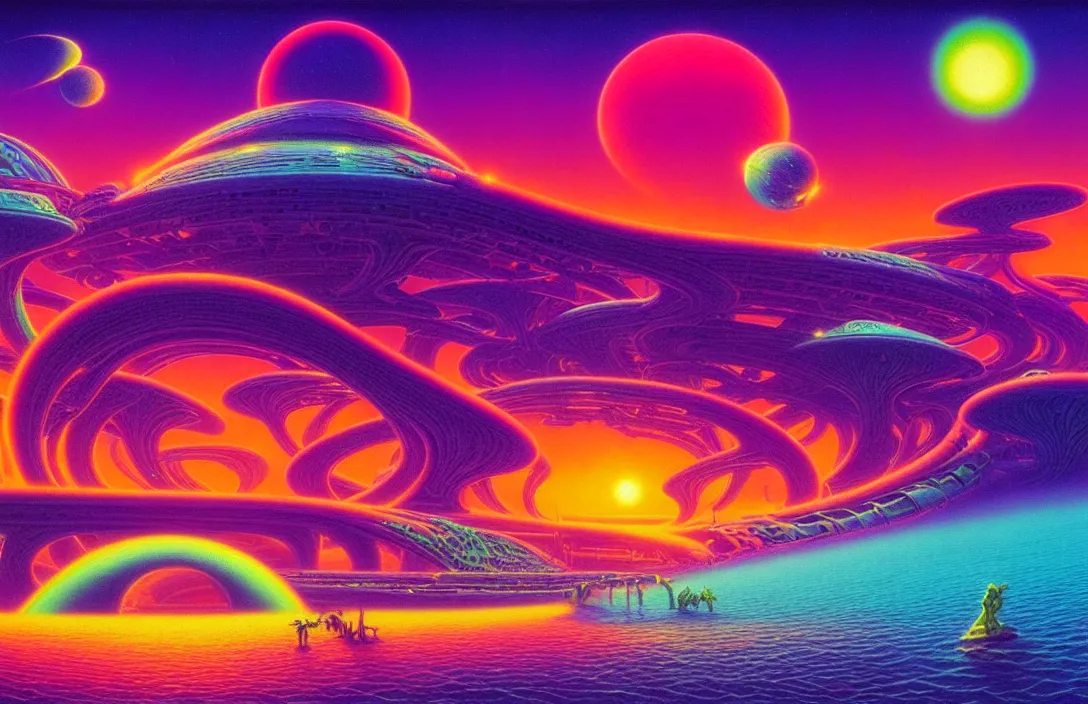 Image similar to cosmic sci - fi exotic islands, infinite psychedelic waves, synthwave, bright neon colors, highly detailed, cinematic, panoramic, tim white, michael whelan, roger dean, bob eggleton, lisa frank, vladimir kush, kubrick, james gurney, giger