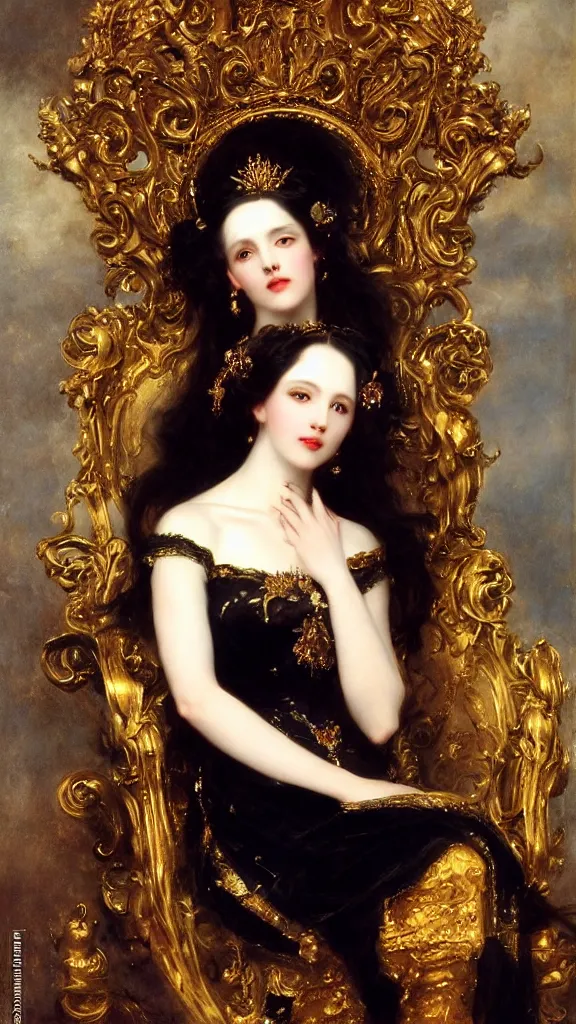 Image similar to a beautiful black haired woman with pale skin and a crown on her head sitted on an intricate metal throne by franz xaver winterhalter and delphin enjolras and rebecca guay