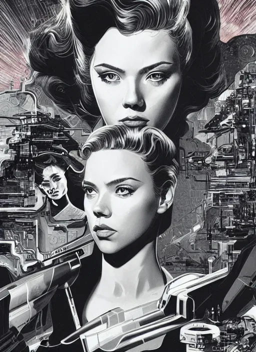 Image similar to scarlett johannson, science fiction poster, high details, intricate details, by vincent di fate, artgerm julie bell beeple, 1 9 6 0 s, inking, vintage 6 0 s print, screen print