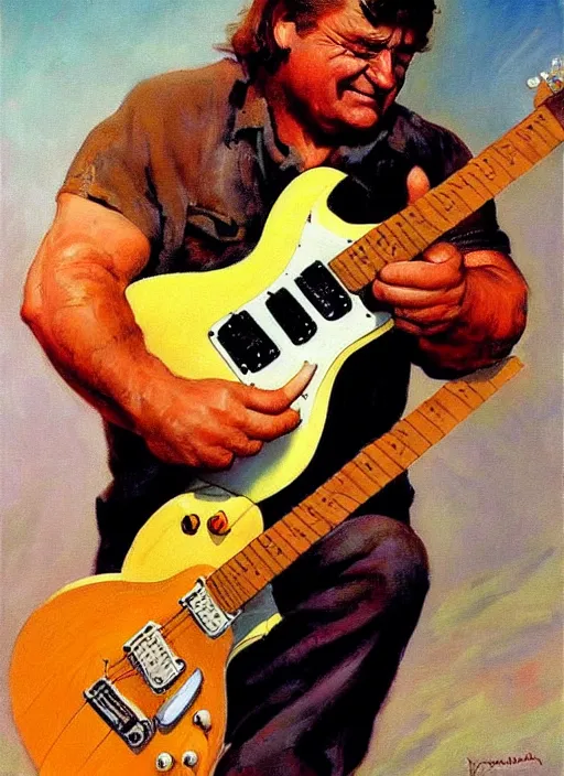 Prompt: john goodman shredding on an electric guitar, painting by frank frazetta, 8 k, clean