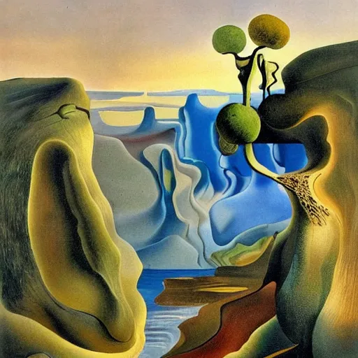 Image similar to painting of a lush natural scene on an alien planet by salvador dali. beautiful landscape. weird vegetation. cliffs and water.