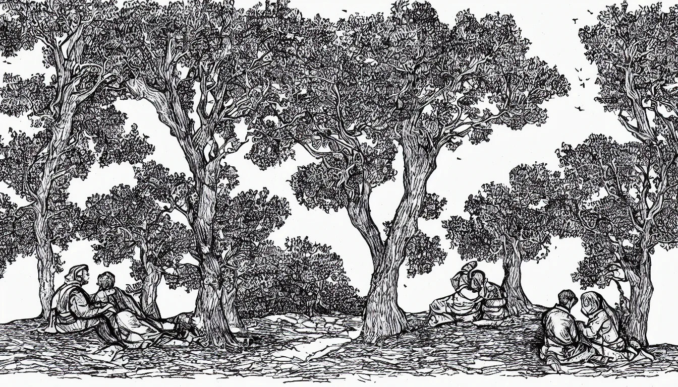 Prompt: a couple sits together on a large hill while wind blows the trees, pen and ink, 1 5 0 0 s, 8 k resolution