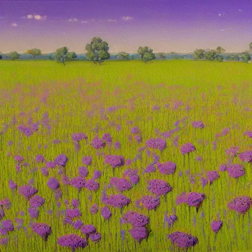 Image similar to a painting of purple flowers in a field, a matte painting by Edward Okuń, featured on deviantart, american impressionism, matte painting, anime aesthetic, matte drawing, pastel