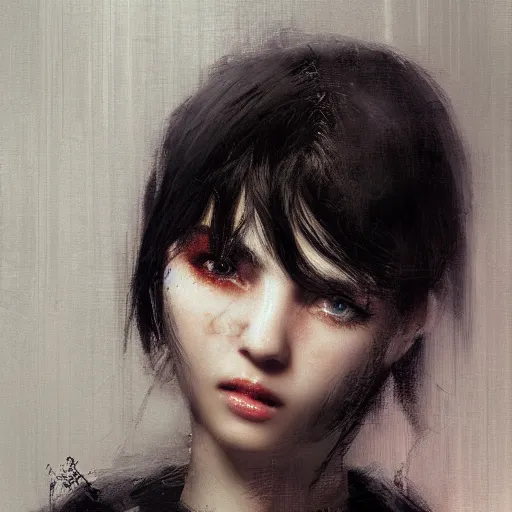 Image similar to a cute girl by ruan jia, closeup headshot, black long hair, black eyes, movie poster style