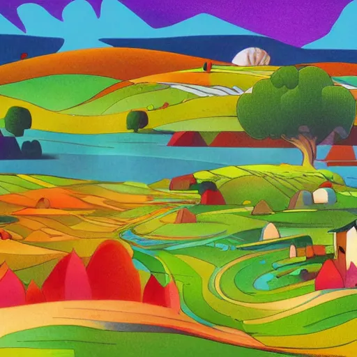 Image similar to A beautiful computer art of a landscape. It is a stylized and colorful view of an idyllic, dreamlike world with rolling hills, peaceful looking animals, and a flowing river. The scene looks like it could be from another planet, or perhaps a fairy tale. by Joe Shuster amorphous, angular