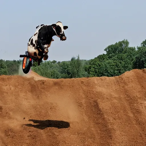 Prompt: a cow on a motocross jump