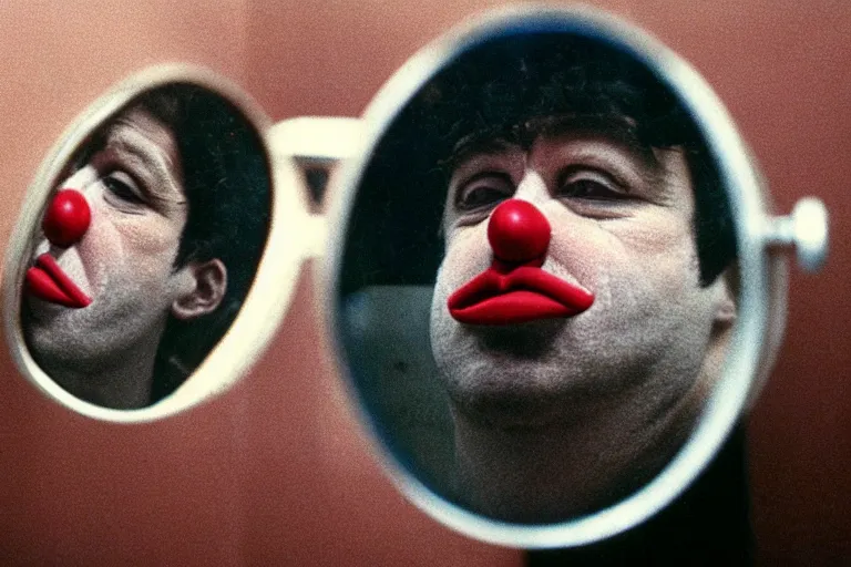 Image similar to close-up color film photography 1970s, sad clown look at himself in public bathroom mirror, soft light, 35mm, film photo, Joel Meyerowitz