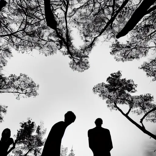 Prompt: a group of people in a park staring up at a gigantic tree, professional monochromatic artwork